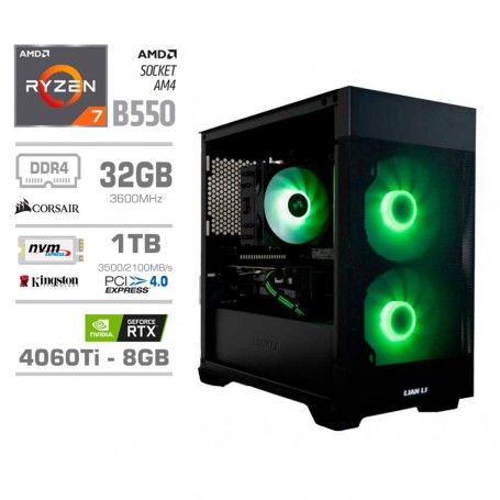 Gaming računalnik MEGA S7X AMD Ryzen 7-5700X | RTX4060Ti | 32GB | 1TB-NVMe | Brez OS | Črno-Zelen + Estetski kabli