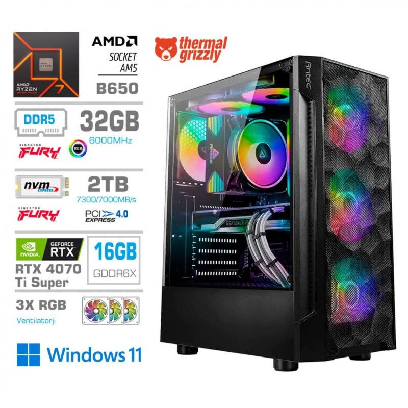 Gaming računalnik MEGA S7 AMD Ryzen 7-7700X | RTX4070Ti Super | 32GB-DDR5 | 2TB-NVMe | Win 11 Home | Črn