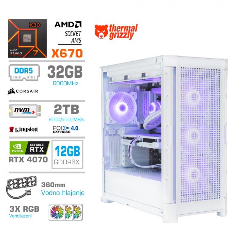Gaming računalnik MEGA S11 AMD Ryzen 7-7800X3D | RTX4070 | 32GB-DDR5 | 2TB-NVMe | Brez OS | Bel + Estetski kabli