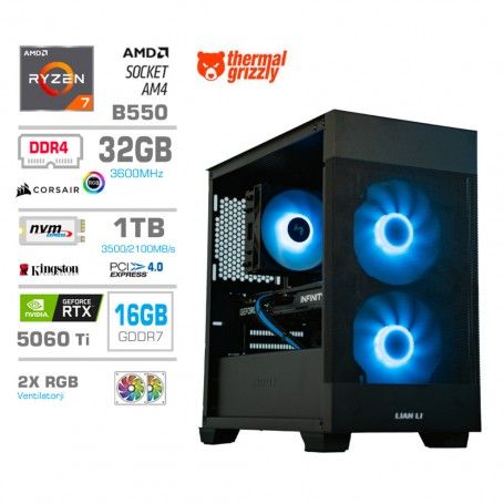 Gaming računalnik MEGA S7X AMD Ryzen 7-5700X | RTX5060Ti-16GB | 32GB | 1TB-NVMe | Brez OS | Črn + Estetski kabli