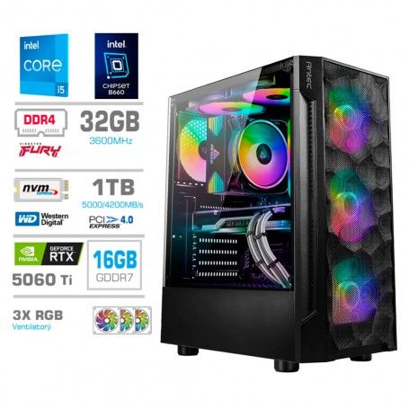 Gaming računalnik MEGA S7 Intel Core i5-14600KF | RTX5060Ti-16GB | 32GB | 1TB-NVMe | Brez OS