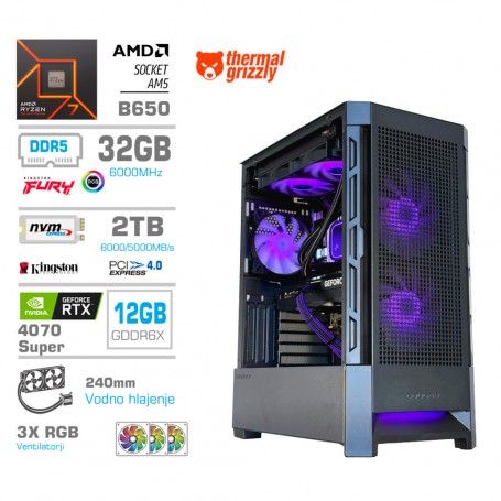 Gaming računalnik MEGA S8 AMD Ryzen 7-9700X | RTX4070 Super | 32GB-DDR5 | 2TB-NVMe | Brez OS | Črn + Estetski kabli