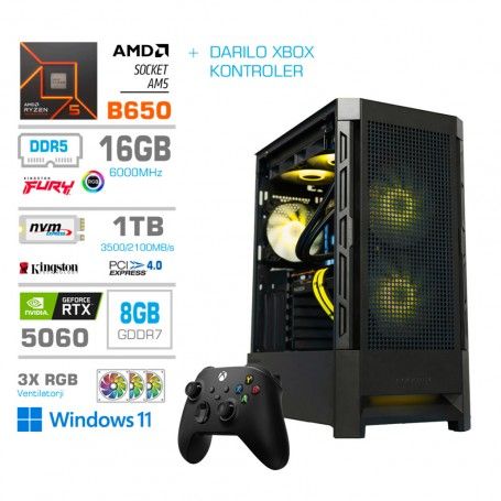 Gaming računalnik MEGA S8 AMD Ryzen 5-7600 | RTX5060 | 16GB-DDR5 | 1TB-NVMe | Win 11 Home | Črn + Estetski kabli * DARILO *