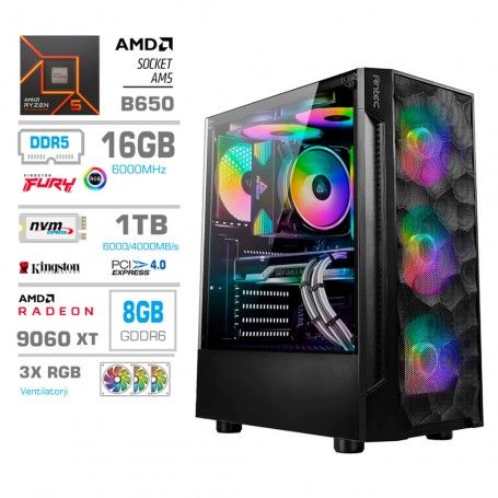 Gaming računalnik MEGA S7 AMd Ryzen 5-7600X | RX9060 XT | 16GB-DDR5 | 1TB-NVMe | Brez OS